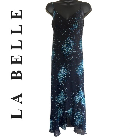 Vintage🧚‍♀️La Belle Women’s Navy/Blue Geometric Print Midi Length Dress - Picture 1 of 12